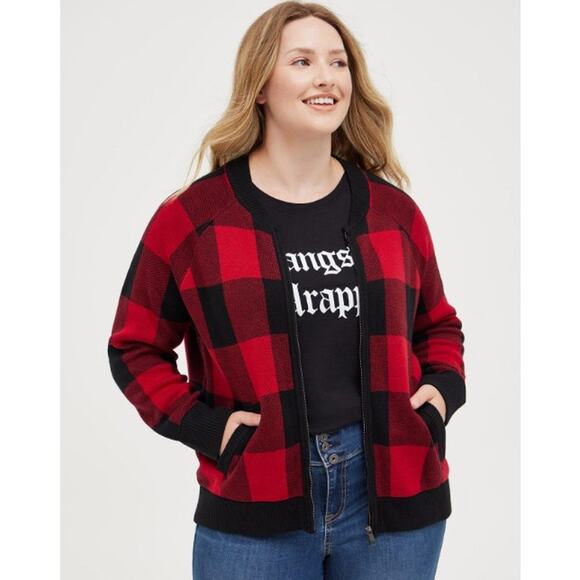 Torrid Cardigan Zip Up Bomber Sweater Red Black Buffalo Check 3X - Picture 1 of 8